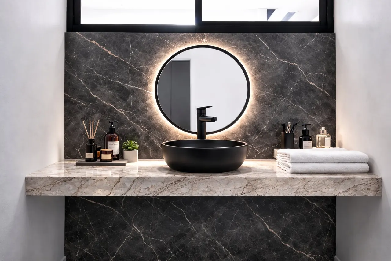 Lavabo del baño con espejo iluminado